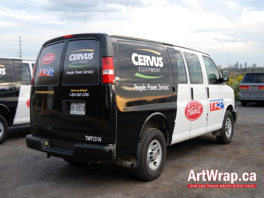 Black and white wrap on a van with Cervus branding
